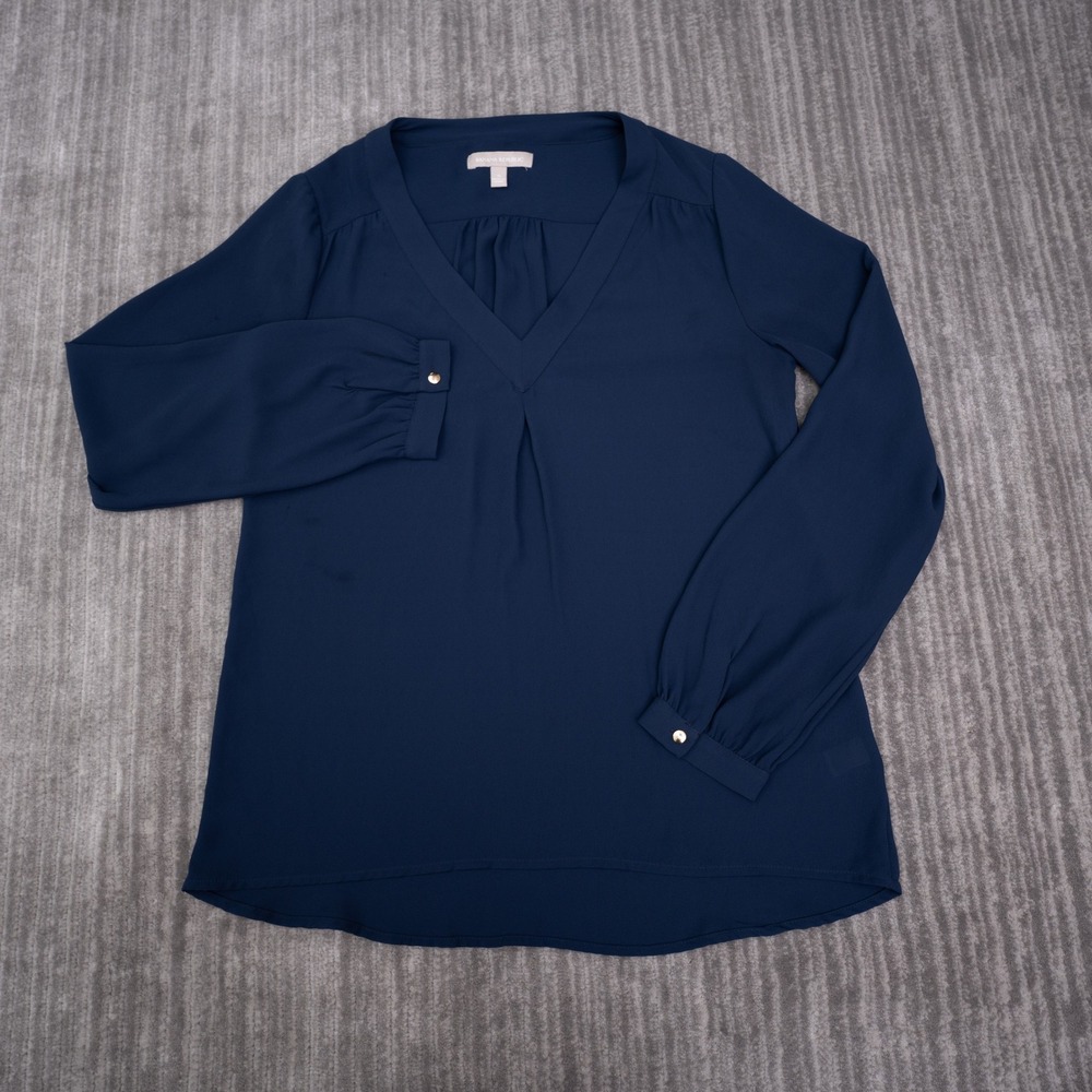 Banana Republic Blouse Womens Small Navy Excellent V-Neck Long Sleeve Pleated